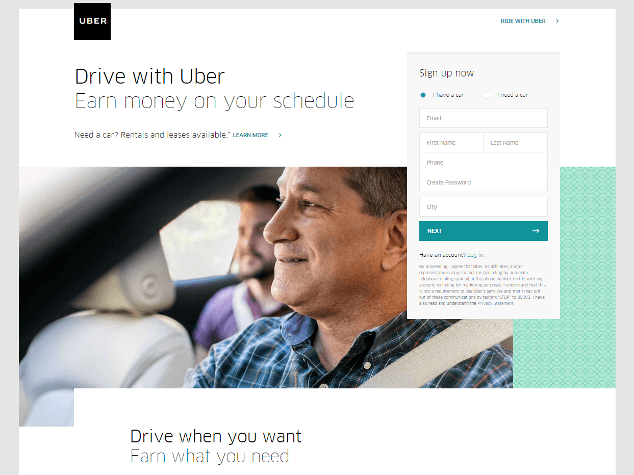Uber landing page example